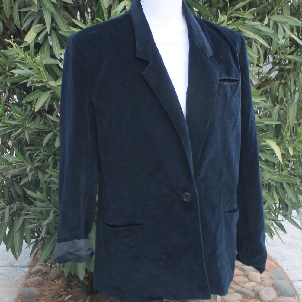 B.J. Barnett Navy Blue Velour Blazer Jacket Woman Size 10 Collared Lined Vintage
